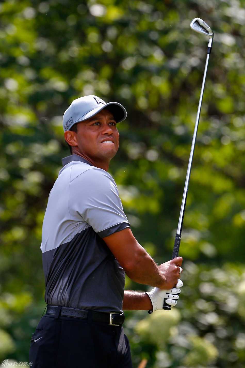 老虎伍兹在温丹锦标赛上全神贯注地挥动铁杆，身体线条紧绷，眼神紧盯着飞出的球路。