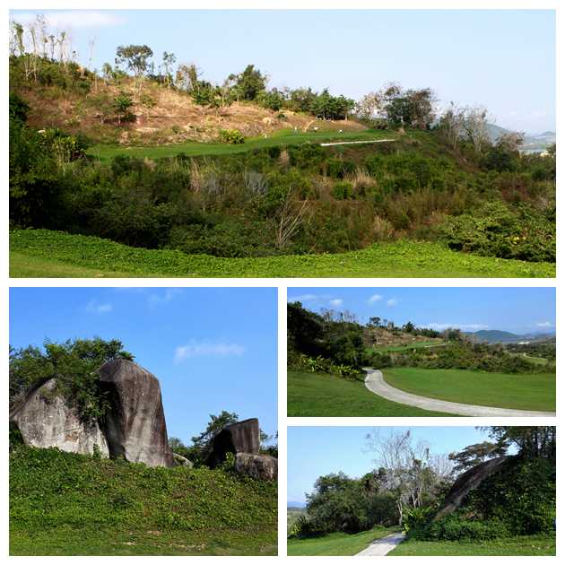 碧蓝水池环绕着翠绿果岭，倒映着椰树与天空，构成一幅宁静而战略性的水域景观