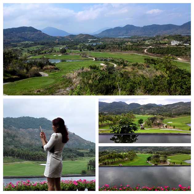 晨曦中的高尔夫会所，现代建筑与热带花园融合，廊桥横跨静谧水面